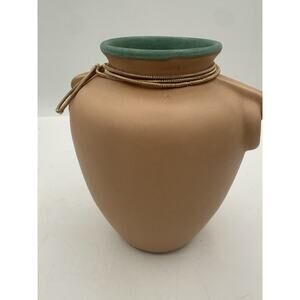 Vintage Coors Pottery Vase Tan Stoneware Green Rim Cord USA